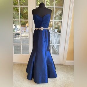 Jovani Royal Blue Strapless Dress with Rhinestone Waist Size 12